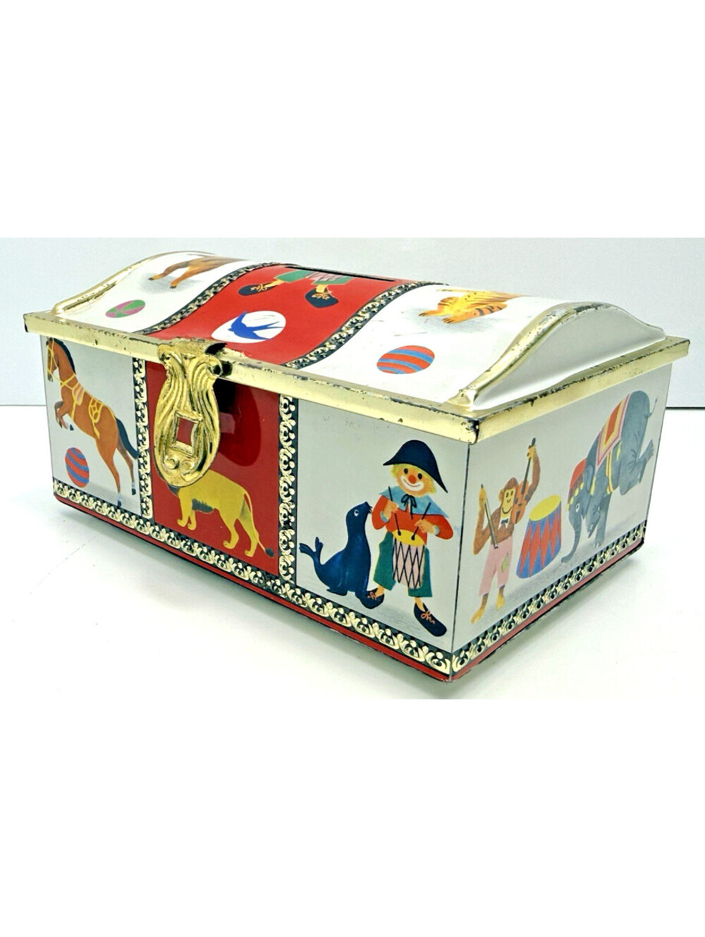 Vtg Children's Circus Animals Tin Coin Piggy Bank Blue Bird England